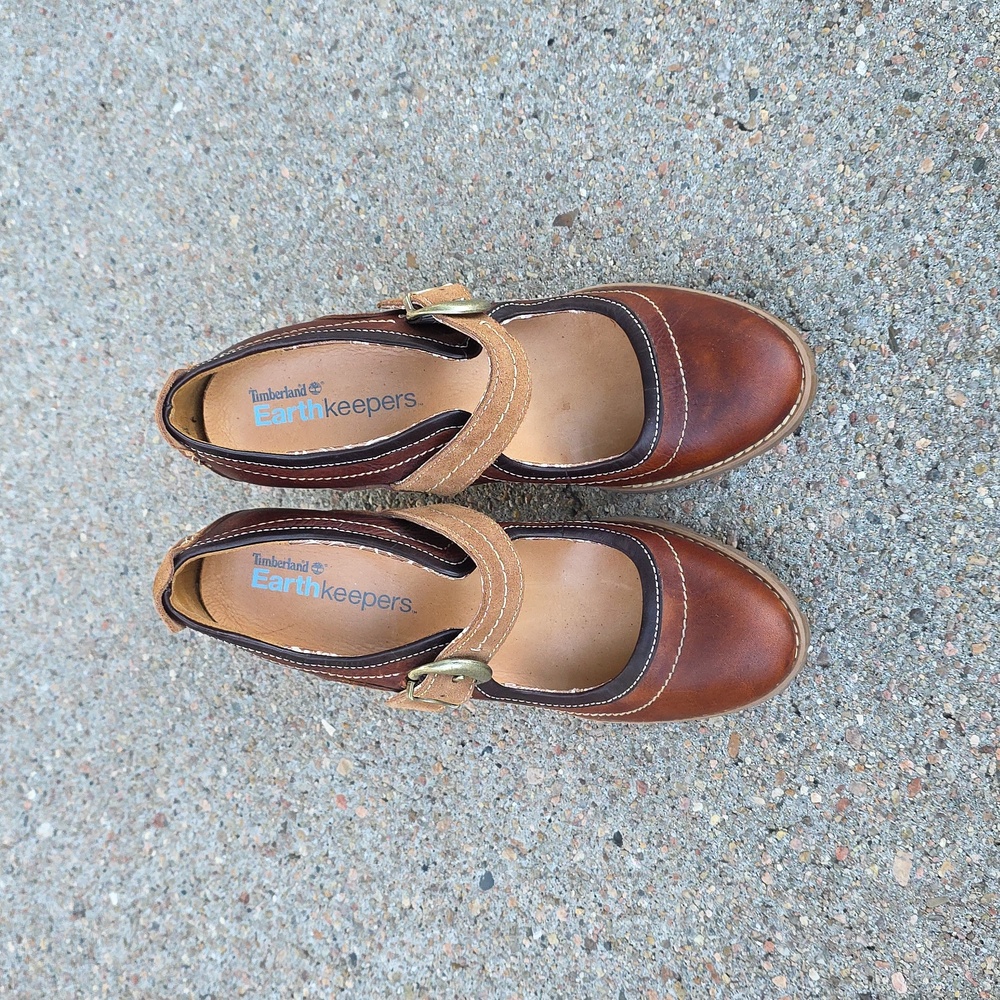 Timberland Brown Tan Leather Earth Keepers Chauncey Mary Jane Buckled Heels - Picture 2 of 10